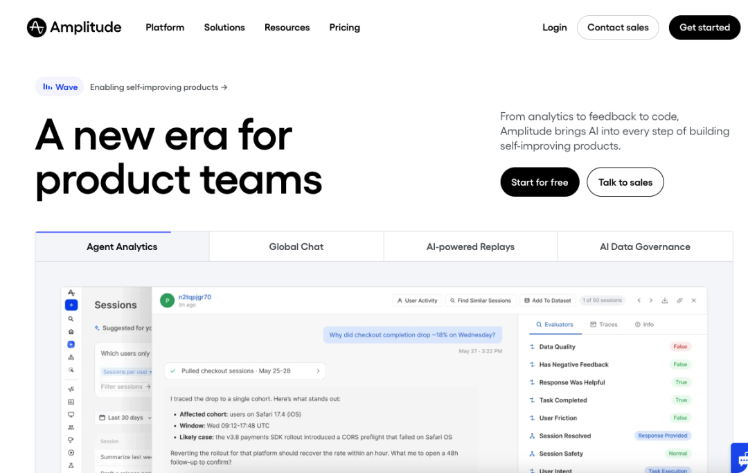 Amplitude's homepage presents its AI analytics platform for product teams.