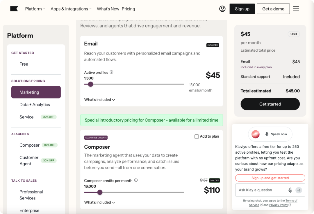 Klaviyo's pricing page shows how email and AI-agent charges can be combined.