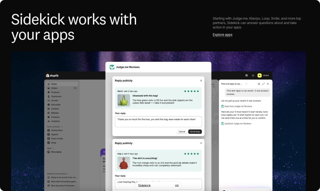 Shopify Sidekick working with merchant apps to answer questions and take action.